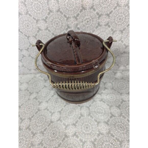 Vintage Brown Ceramic Cookies Jar Barrel with Metal Handle and Lid Marcrest Drip - Picture 3 of 8